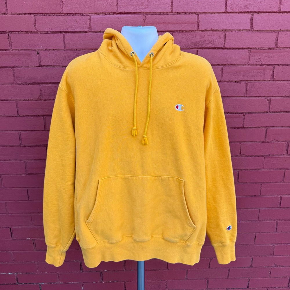 Vtg Champion Reverse Weave Golden Yellow Hoodie Sweatshirt Mens‎ Size XL Blank